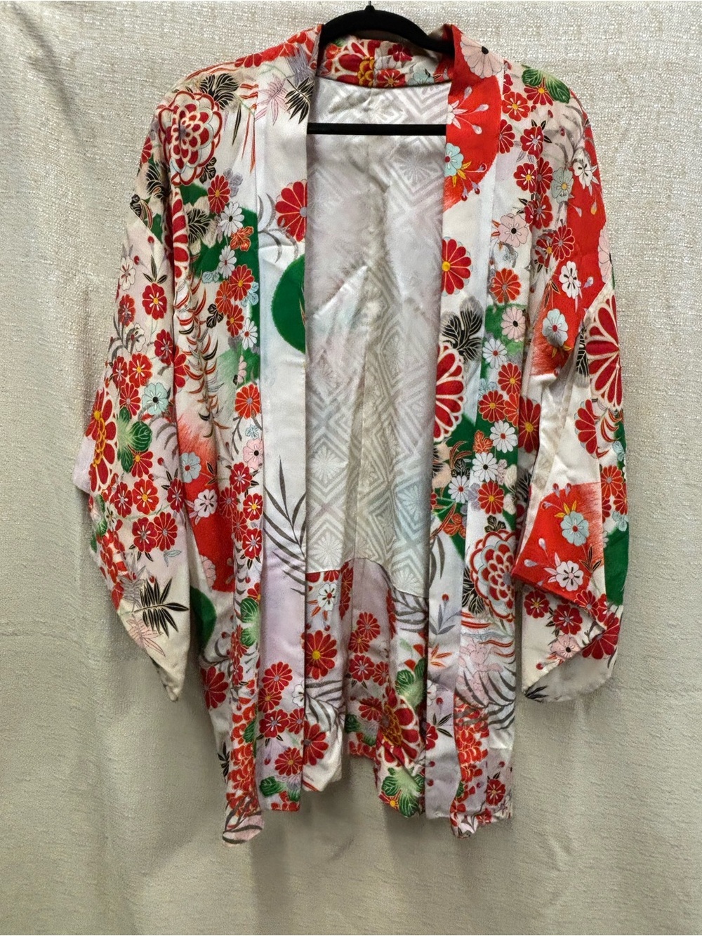 Vintage 1960s Floral Satin Kimono Jacket in White, Red & Green. Homemade .